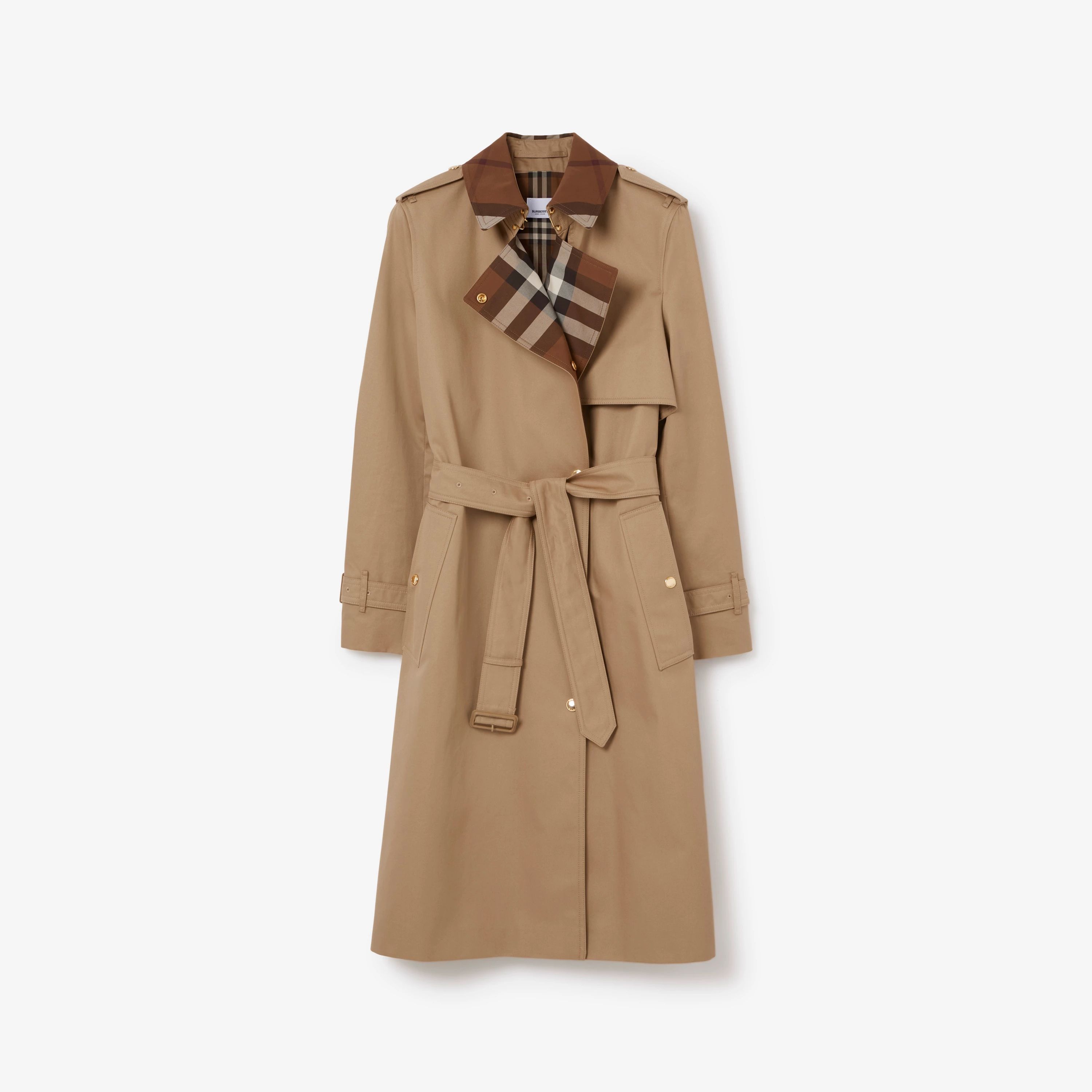 Long Check Collar Gabardine Trench Coat in Camel - Women | Burberry® Official | Burberry (US)