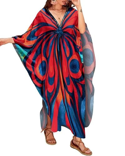Bsubseach V Neck Beach Coverups for Women Casual Print Beach Kaftan Dress Plus Size Swimwear Cover Up Abstract Red Butterfly | Amazon (UK)