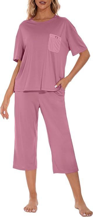 HiMONE Bamboo Pajamas Set for Women Soft Pajama Sets Capri Pajama Short Sleeve Lounge Set Pjs Sle... | Amazon (US)