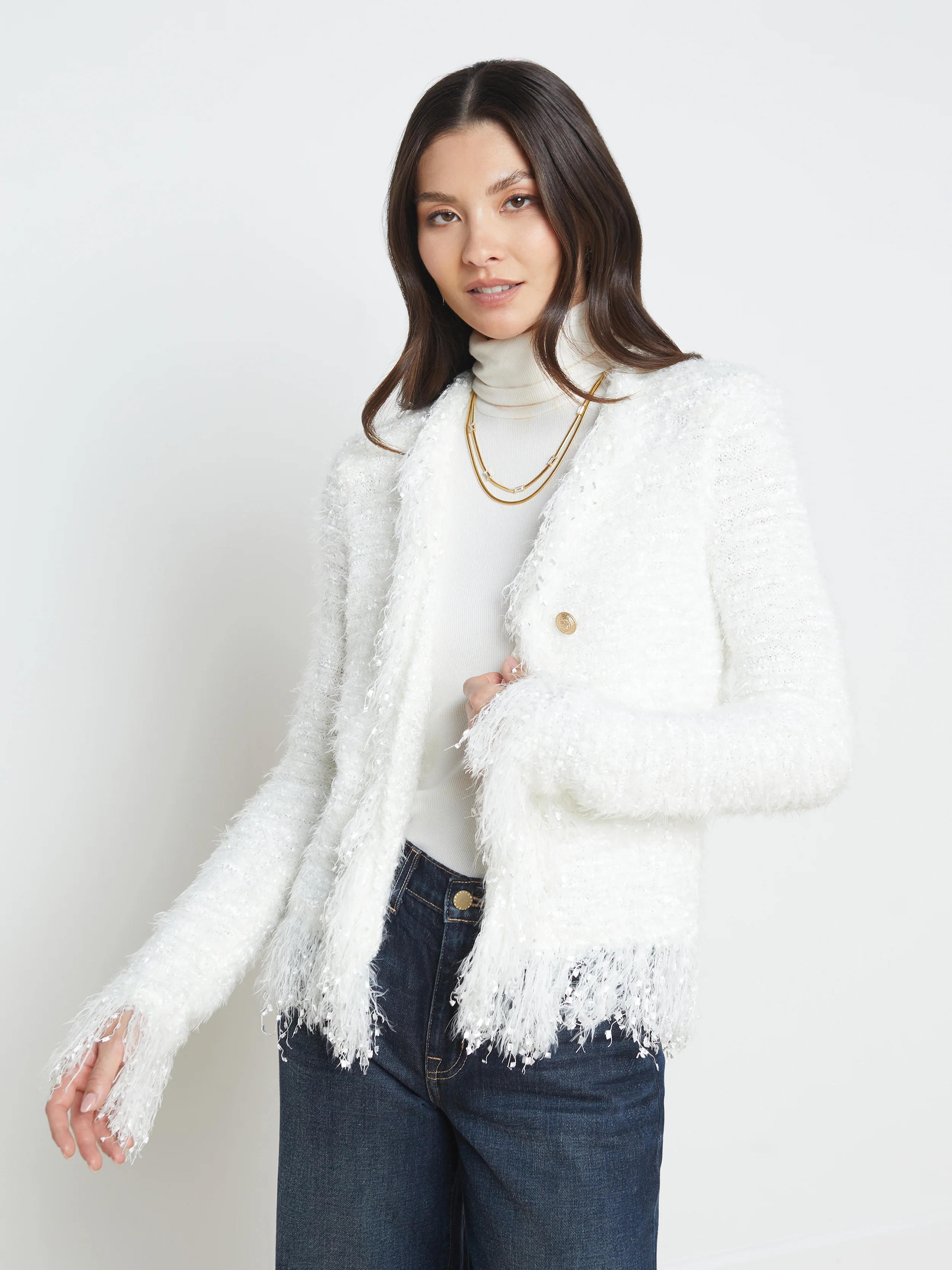 L'AGENCE Azure Fringe Cardigan Blazer in White | L'Agence