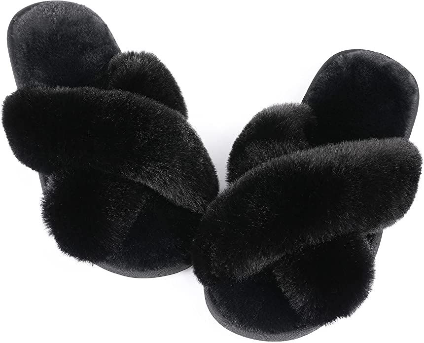 Women Grey Fuzzy Fluffy Slippers - Ankis Soft Cozy Plush Fluffy Slippers Memory Foam Slipper Fluf... | Amazon (US)