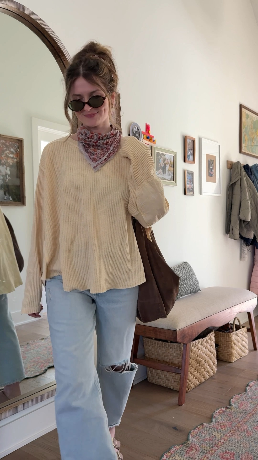 wearing small in top, one of my faves! sized up 2 in jeans postpartum! Neck scarf is such a fun addition and pop of another color! 

Spring outfit 

#LTKmomlife #LTKootd