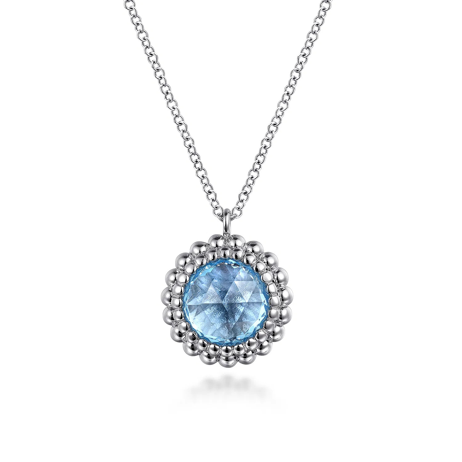 925 Sterling Silver Swiss Blue Topaz Bujukan Round Shape Necklace With Pattern | Gabriel & Co. Fine Jewelry And Bridal