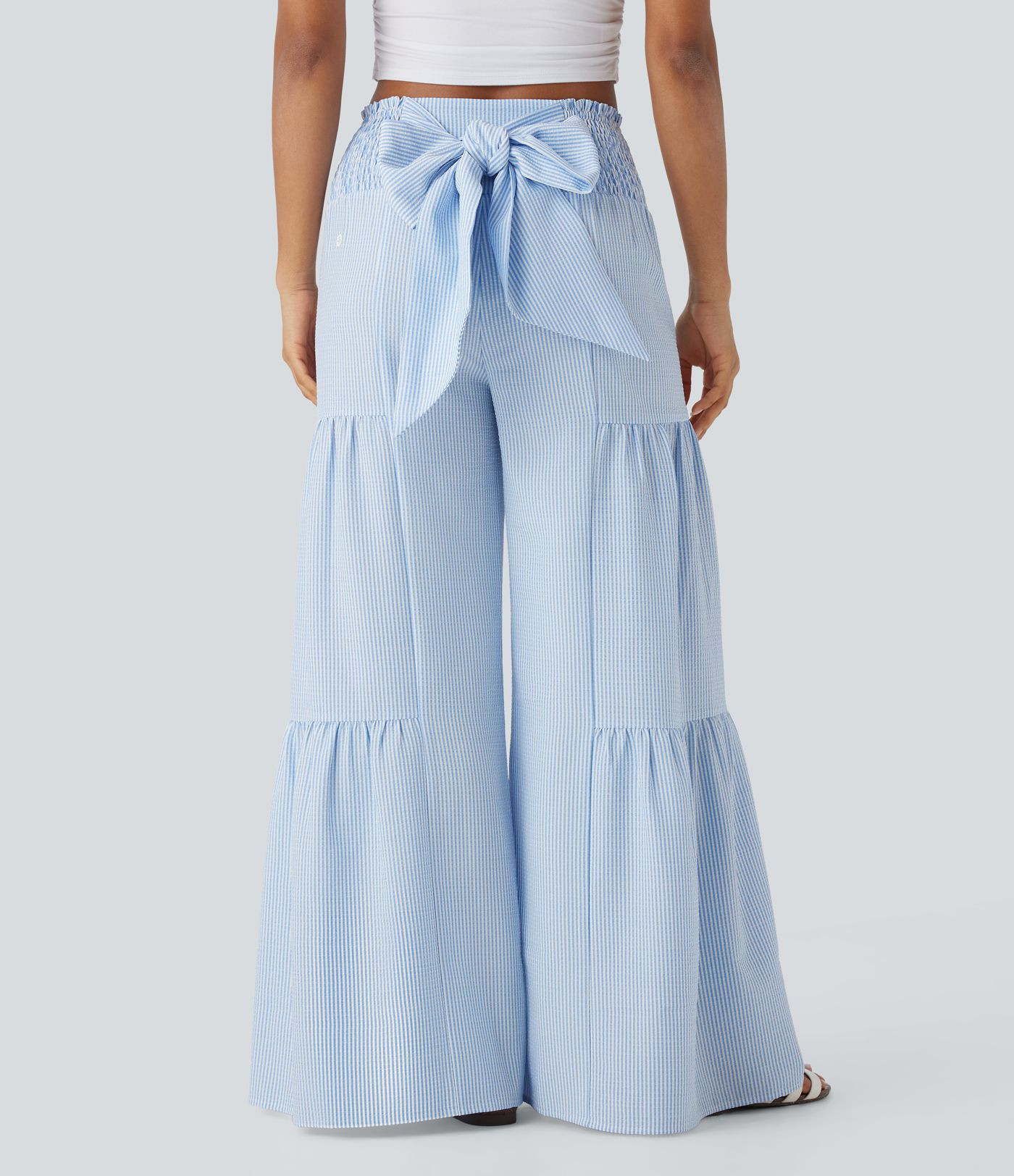 High Waisted Tie Back Shirred Wide Leg Flowy Stripe Casual Pants | HALARA