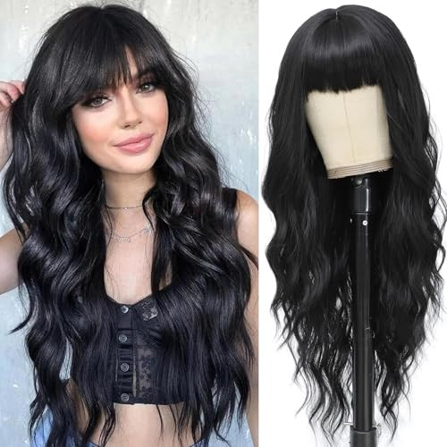 MINSEEYOO Black Wig with Bangs for Women Long Black Wavy Wigs 26 Inch Natural Black Wigs Natural Looking Heat Resistant Synthetic Wig for Daily Party Use | Amazon (US)