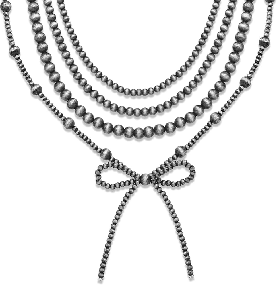 4pcs Western Navajo Pearl Stackble Necklace Jewelry For Women Beaded Chain Bow Pendant Boho Handm... | Amazon (US)