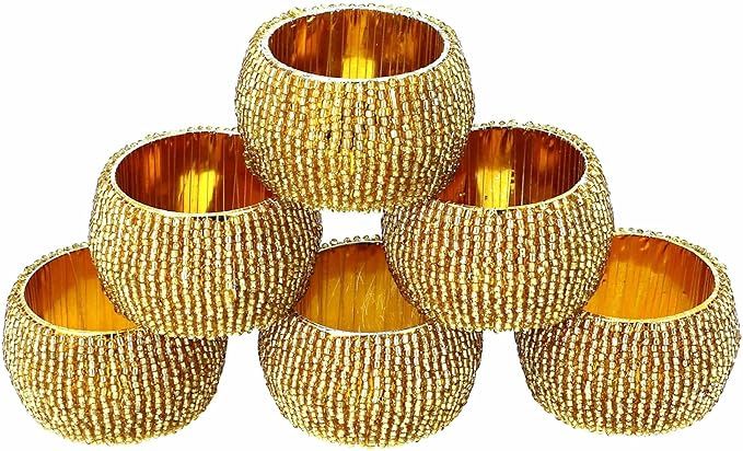 Shalinindia Handmade Indian Gold Beaded Napkin Rings - Set of 6 Rings | Amazon (US)
