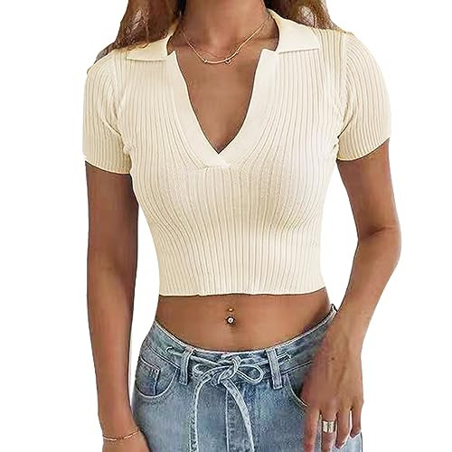 Hyipels Women's Crop Top Polo Shirts,Summer Collor Female T-Shirt Short Sleeve Ribbed Solid Sexy V Neck Knit Tops Cream | Amazon (US)