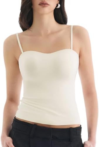 Built in Bra Tank Tops for Women, Double Lined Padded Cami Scoop Neck Spaghetti Straps Basic Summ... | Amazon (US)