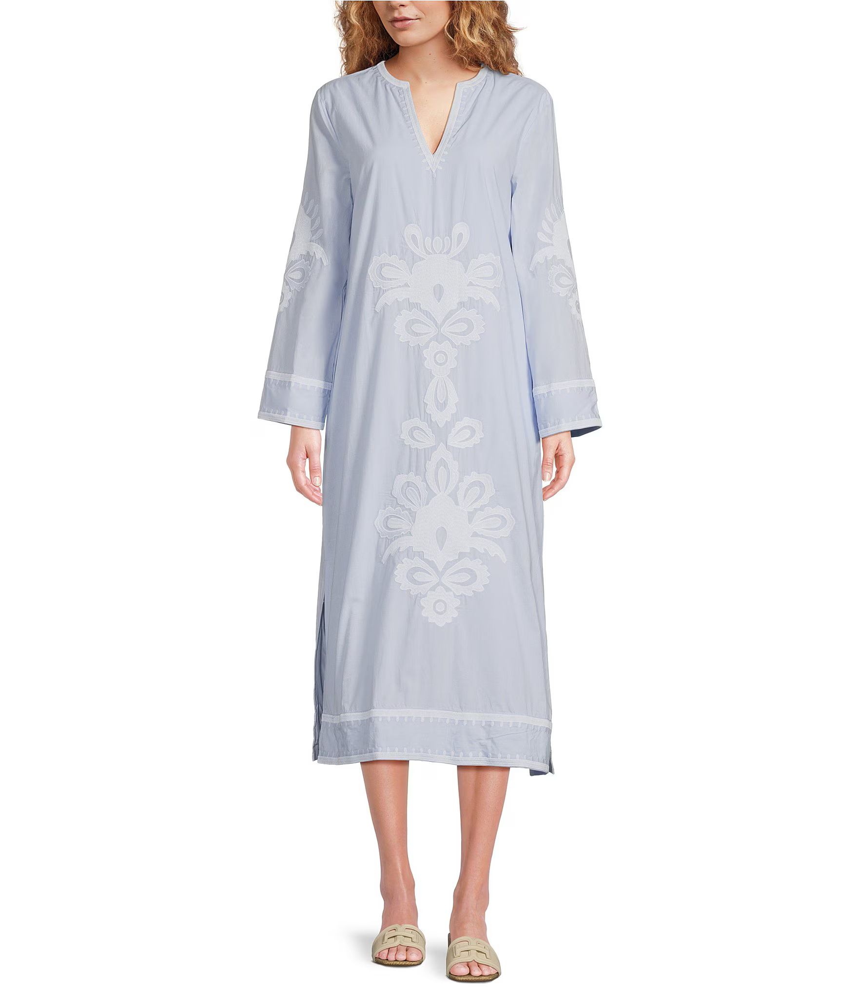 Marika Embroidered Long Sleeve V-Neck Shift Midi Dress | Dillard's