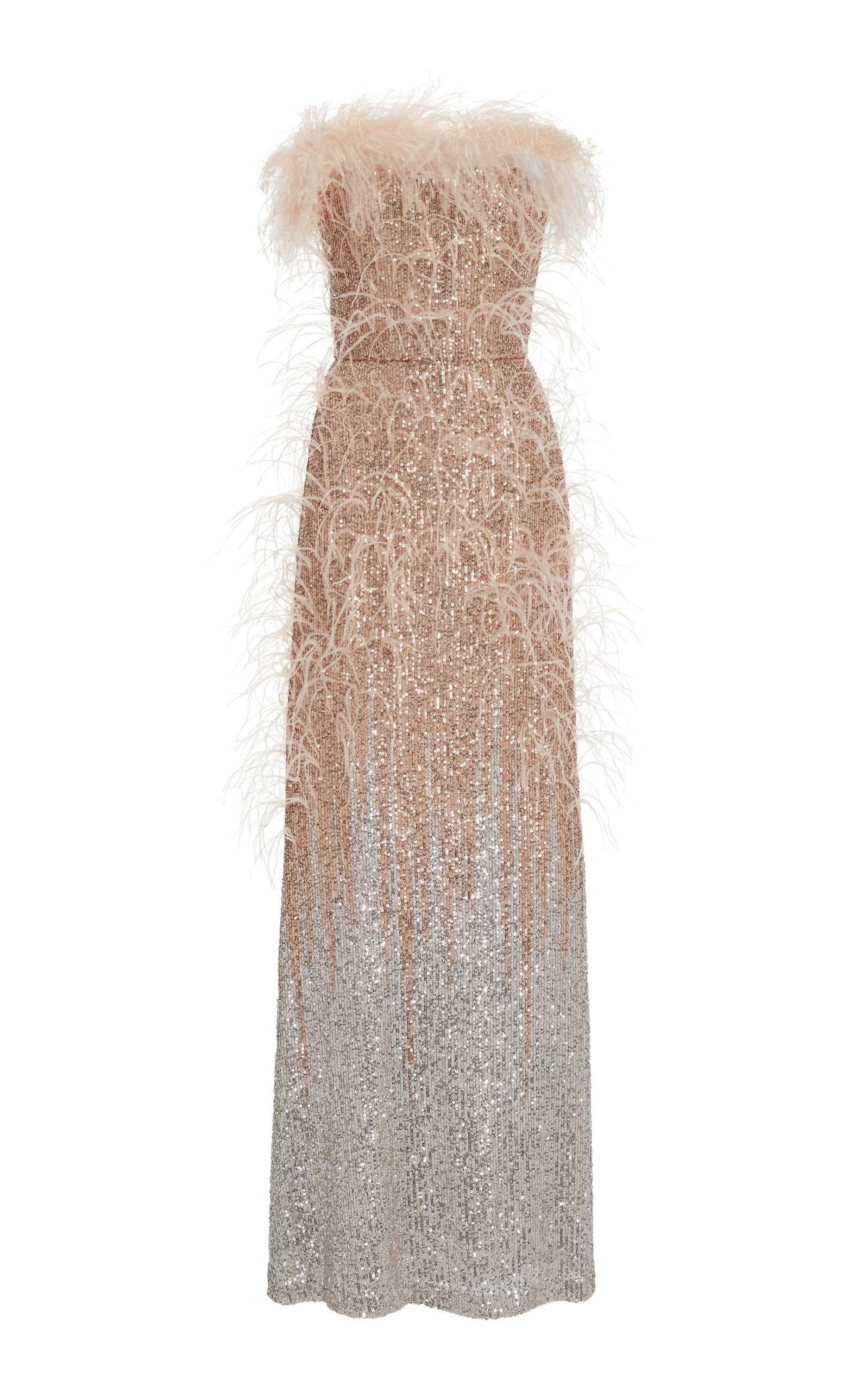 Feather-Trimmed Sequined Strapless Gown | Moda Operandi (Global)