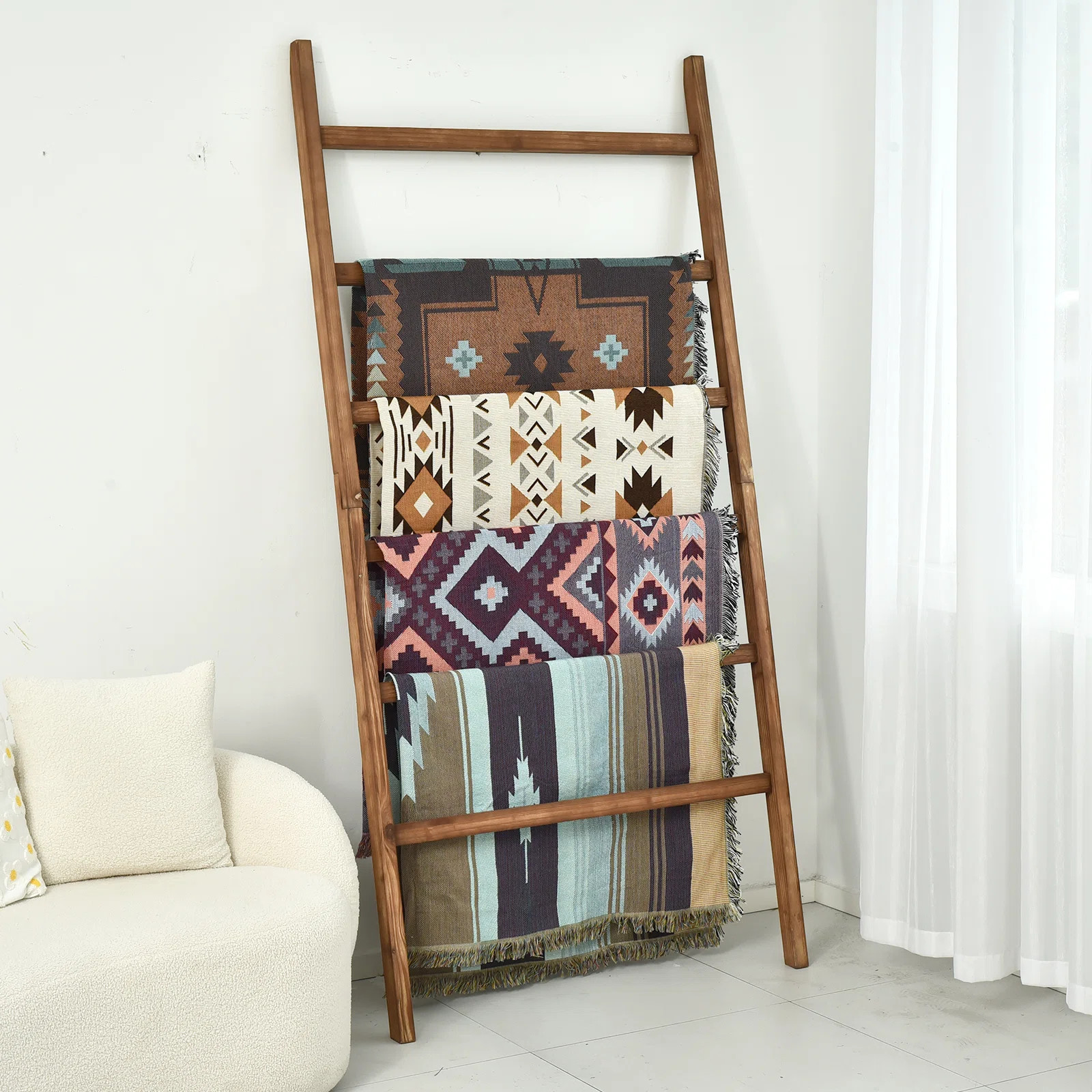 Extra Wide 6.4ft Wooden Blanket Ladder Living Room Decorative Wal Leaning Farmhouse Quilt Display Holder Rustic Wood Towel Rack | Wayfair North America