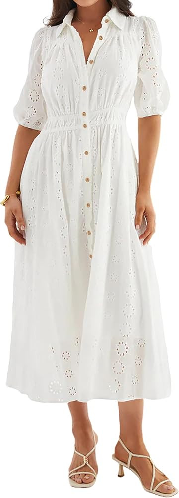 R.Vivimos Womens Summer Cotton Half Sleeve Eyelet Embroidery Elastic Waist Button Down Casual Shi... | Amazon (US)
