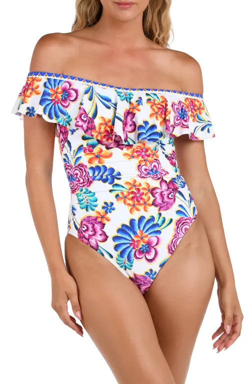 La Blanca Paradiso Ruffle Off the Shoulder One-Piece Swimsuit in Multi at Nordstrom, Size 4 | Nordstrom