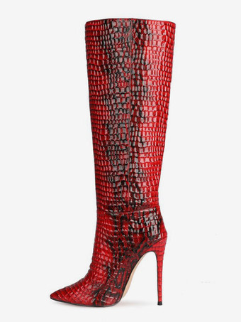 Knee-High Boots Leather Red Pointed Toe Stiletto Heel Extra Wide Women's Boots | Milanoo