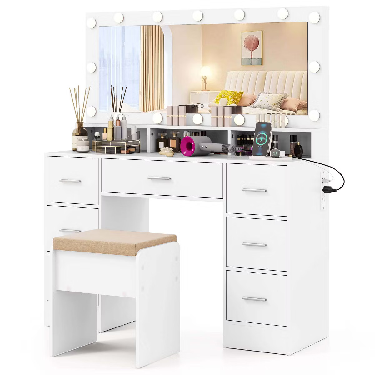 Costway Makeup Vanity Desk with Mirror and Lights Charging Station 3-Color LED Lights White | Target