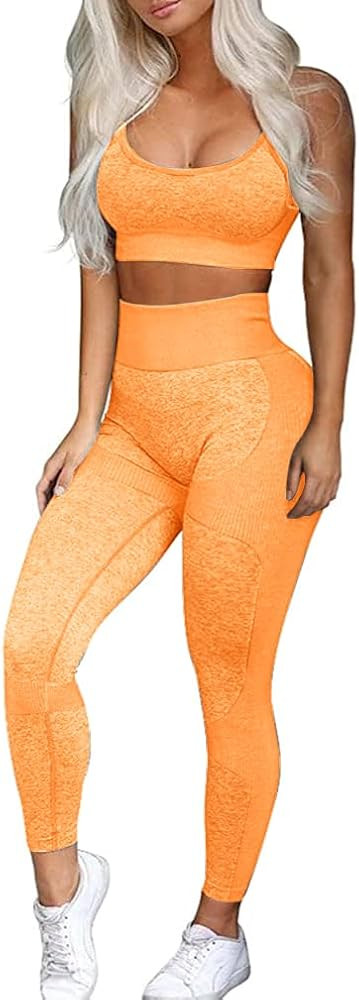 OLCHEE Women\u2019s Workout Sets 2 Piece - Seamless Yoga Leggings and Cross-Strap Sports Bra Gym ... | Amazon (US)