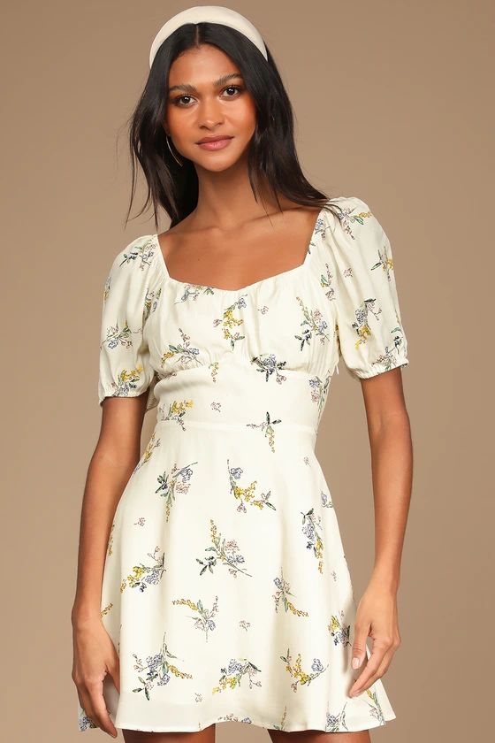 Darling Daydreams Cream Floral Puff Sleeve A-Line Mini Dress | Lulus (US)