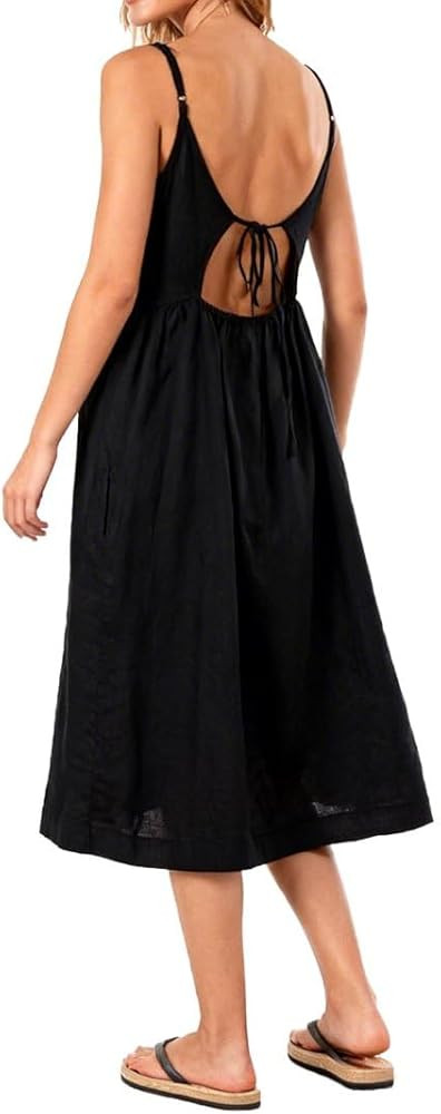 Amazhiyu Women\u2019s 100% Linen Embroidered Spaghetti Strap Summer Midi Dresses Pockets | Amazon (US)
