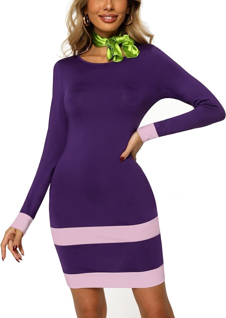 Laqeyko Women Long Sleeves Halloween Costume Scooby Doo Costume Daphne Dress with Scarf | Amazon (US)