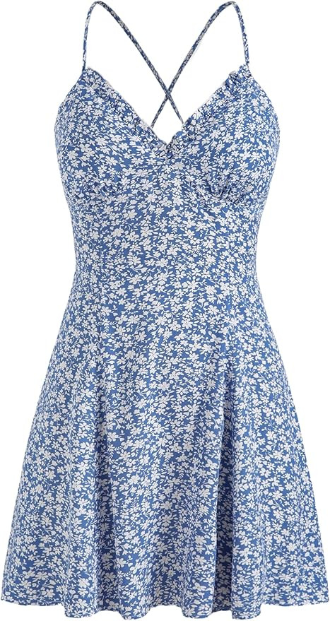 CIDER Santorini Beach Vacation Floral Lace Up Backless Mini Dress | Amazon (US)
