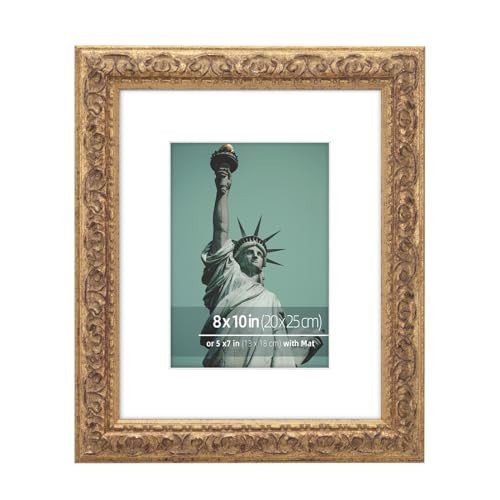 WYNCO 8x10 inch Distressed Wood Embossed Scroll Motif Vintage Antique Rustic Picture Frame, White Mat for 5x7 in Photo, Art Print Drawing, Wall Hanging or Desktop Display-Rustic Gold | Amazon (US)