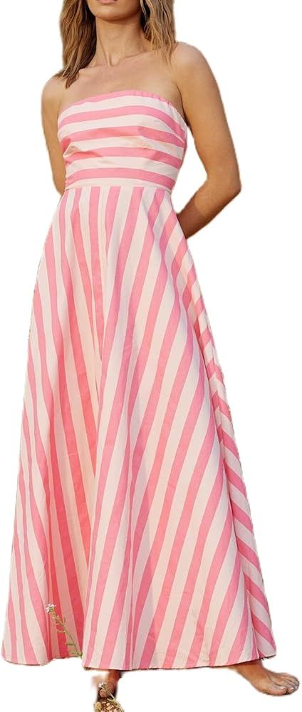 NUFIWI Women Summer Striped Tube Long Dress Off Shoulder Smocked Bodycon Midi Dress Backless Ruffle Swing Beach Dress | Amazon (US)