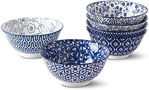 Selamica Blue and White Porcelain 20oz Bowls Set - Set of 6, 6 inch ceramic bowls for Cereal, Sou... | Amazon (US)