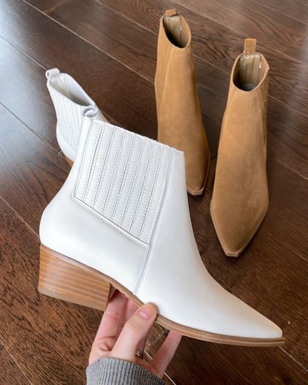 My favorite booties of all time! Back in stock & on sale! 

I get my true size 7

White bone leather boots suede brown 

#LTKshoecrush