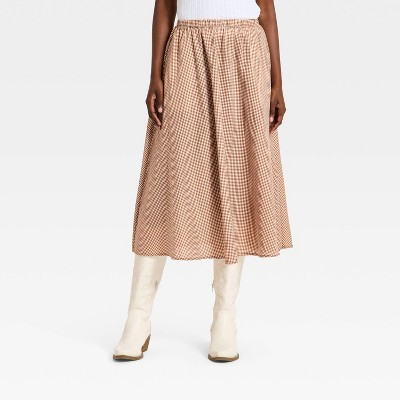 Women's Pull-On Midi Skirt - A New Day™ Brown Gingham M | Target