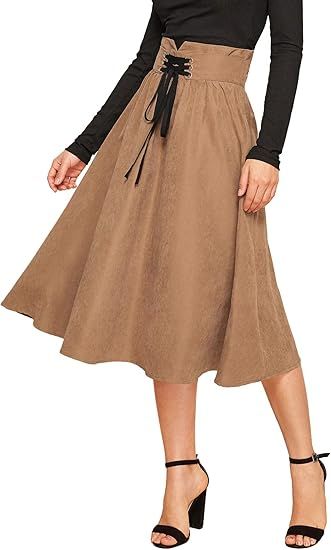 Floerns Women's High Waist Flared Pleated Lace up Midi Skirt | Amazon (US)
