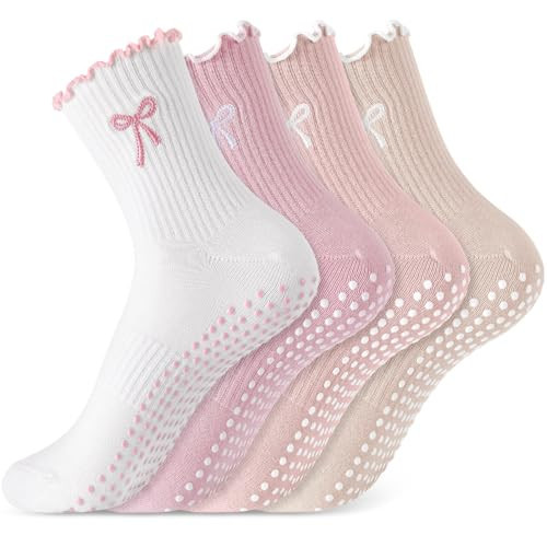 Jeyiour 4 Pairs Cute Pilates Grip Socks for Women, Ruffle Non Slip Crew Grippy Yoga Socks with Bow for Gym Ballet Barefoot(Dark Pink,Light Pink,White,Beige) | Amazon (US)