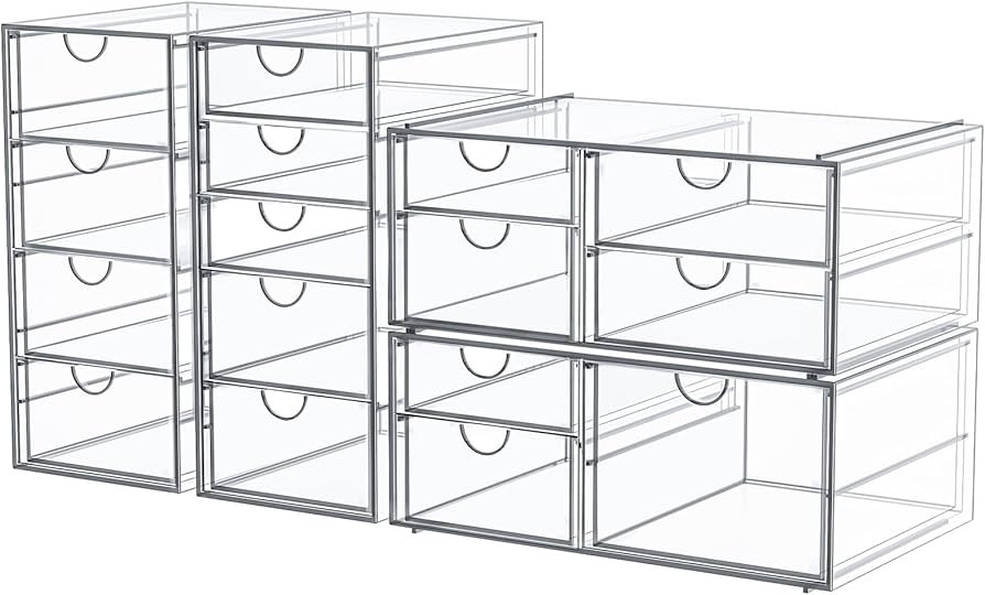 Makeup Organizer Storage With 16 Drawers, 4 Pcs Desktop Office Supplies, Desk Organizers, Clear A... | Amazon (US)