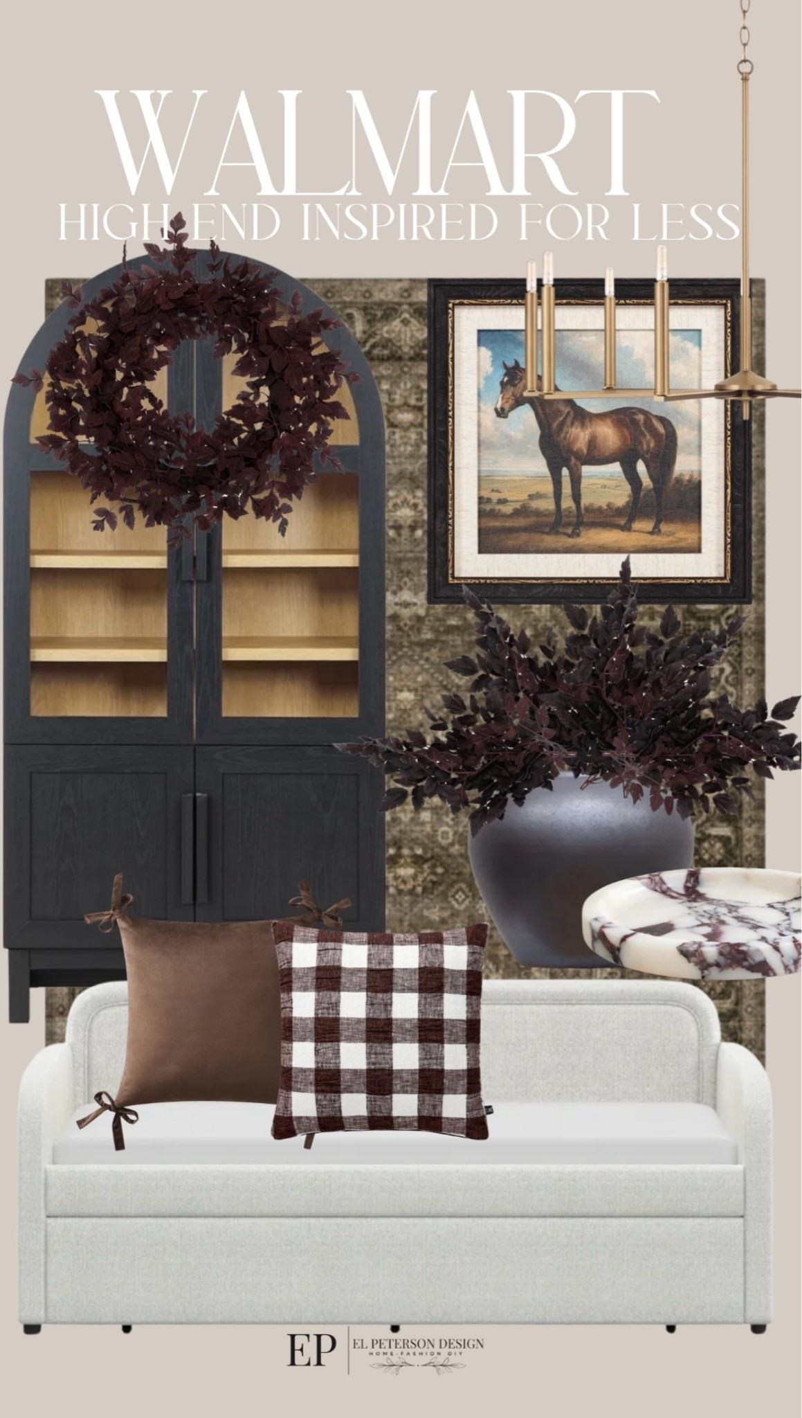 Walmart
High end inspired 
Arch cabinet
Stems
Rug
Pillows
Sofa bed
Wreath
Artwork
Lighting

#LTKHome