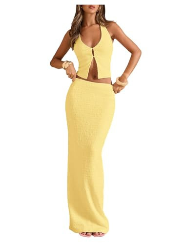 SOLY HUX Women's 2 Piece Evening Party Outfit Elegant Split Hem Halter Crop Top and Maxi Skirt Set Plain Yellow Medium | Amazon (US)