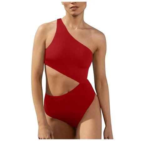 QWERTYU Sexy Swimsuit for Women Solid One Shoulder Cutout One Piece Bathing Suit Swimwear Red M | Walmart (US)