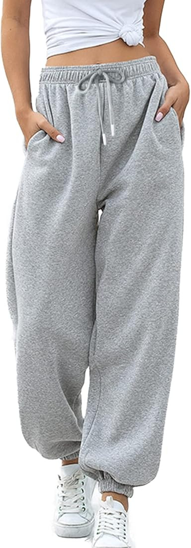 Vemubapis Women Sweatpants Drawstring Elastic Waist Baggy Joggers Pants with Pockets | Amazon (US)