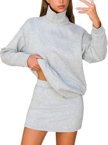 EXLURA Womens 2 Piece Sets Workout Zip Up Sweatshirts Matching Skort Skirt Sweatsuits Sweat Set Fall Tracksuit Pockets 2025 | Amazon (US)