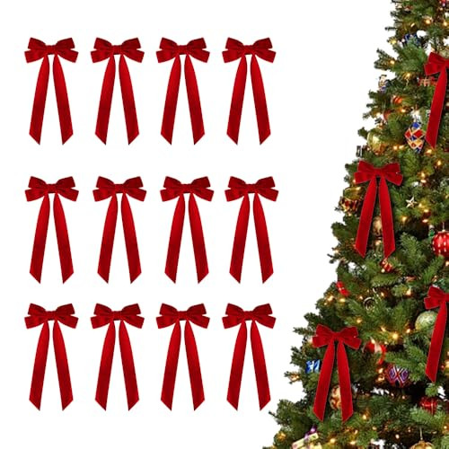 12 Pcs Burgundy/Red Velvet Bows for Christmas Tree Decorations, Wreath Garland Red Velvet Bows for Christmas Tree Outdoor Indoor Decorations (Red) | Amazon (US)