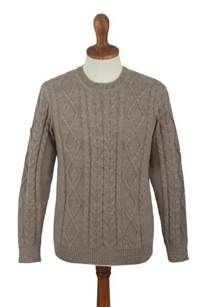 Men's Mushroom Brown 100% Alpaca Cable Knit Pullover Sweater | NOVICA