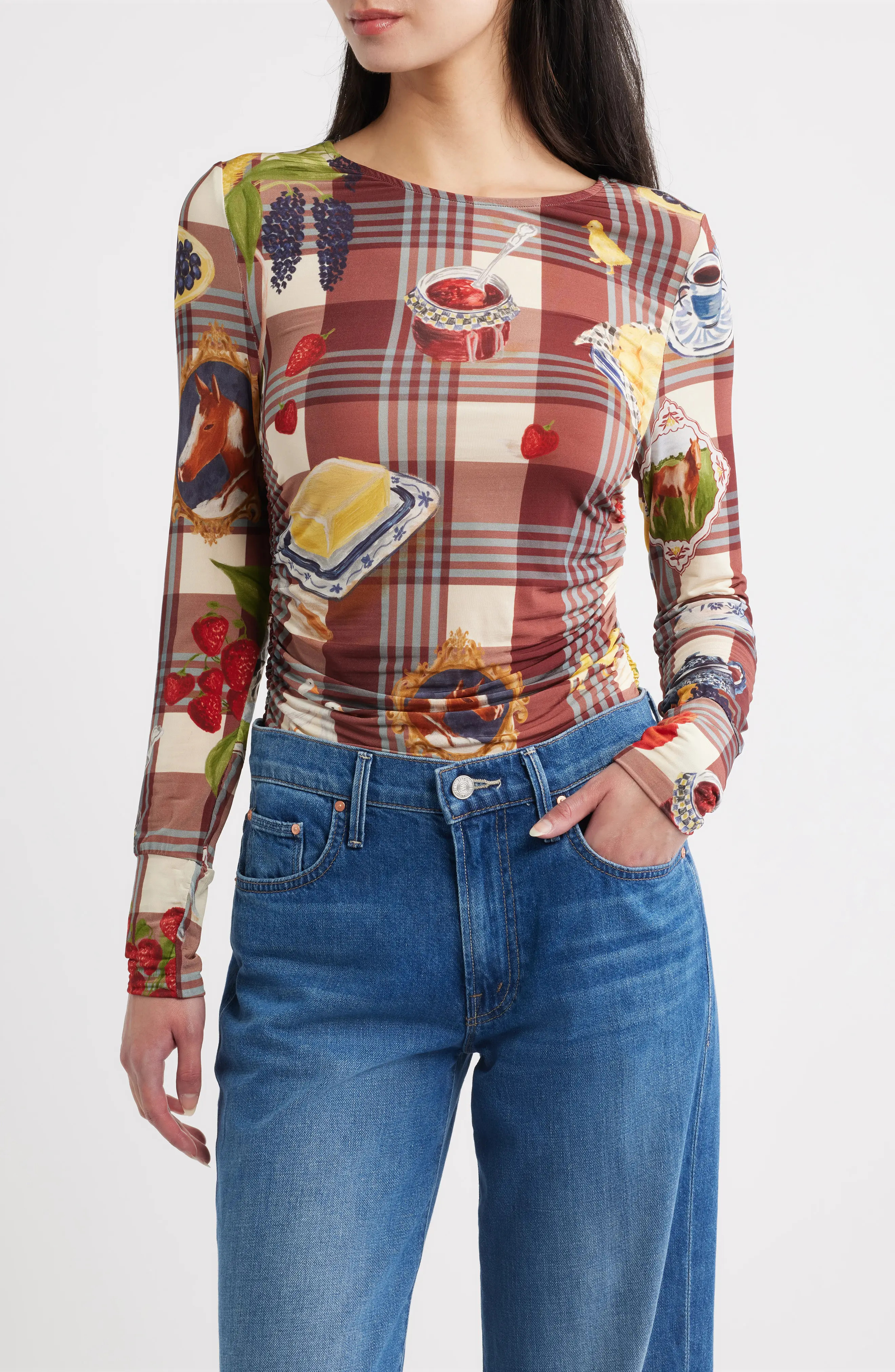 FARM Rio Country Table Tartan Ruched Top in Brown at Nordstrom, Size Xx-Small | Nordstrom