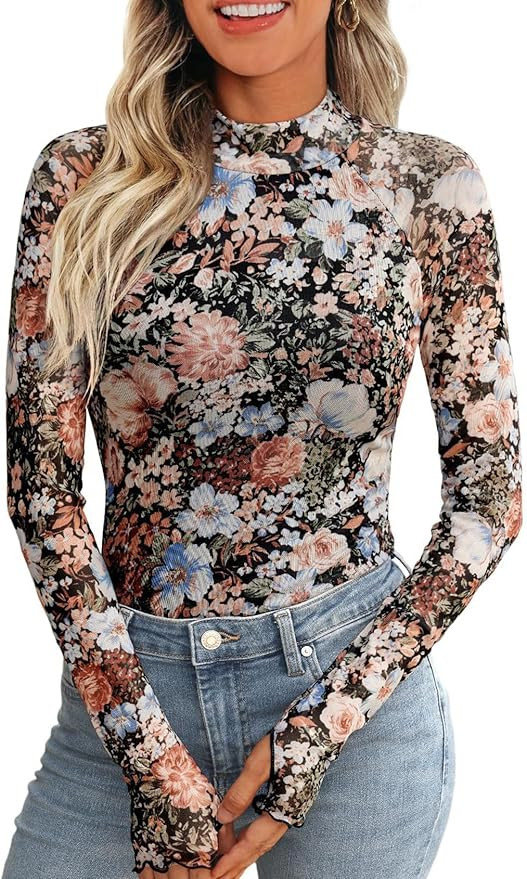 Arssm Women Mesh Long Sleeve Sheer Tops Floral See Through Tops Mock Neck Lace Going Out Tops | Amazon (US)