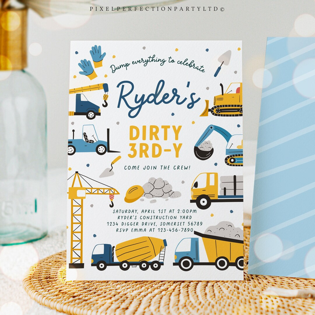 Editable Construction Dirty 3rd-y Birthday Invitation Dump Truck Birthday Party Digger Excavator ... | Etsy (US)