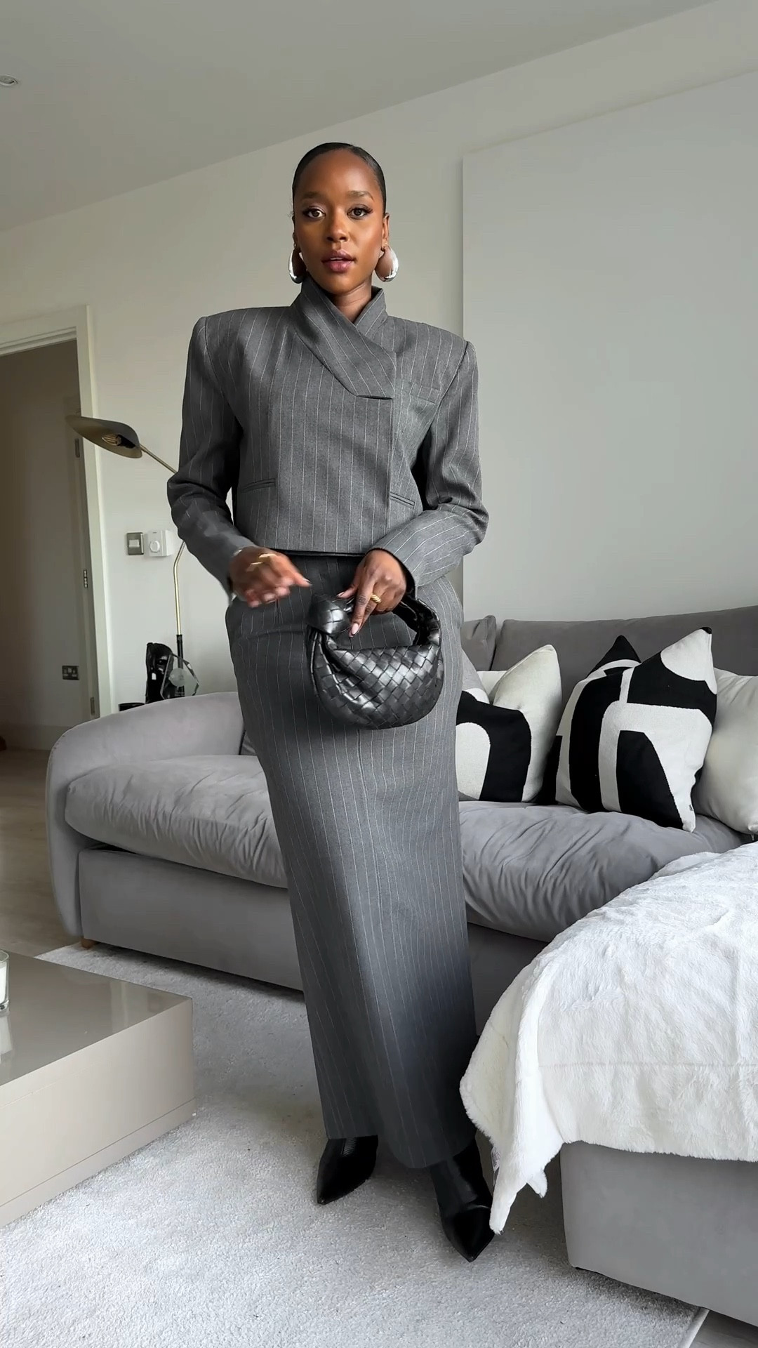 Pinstripe suited and booted, Karen Millen, bottera mini jodi, ankle boots season, black ankle boots, November sale, silver block earrings, Huda beauty matte lipstick 

#LTKstyletip #LTKsalealert #LTKSeasonal