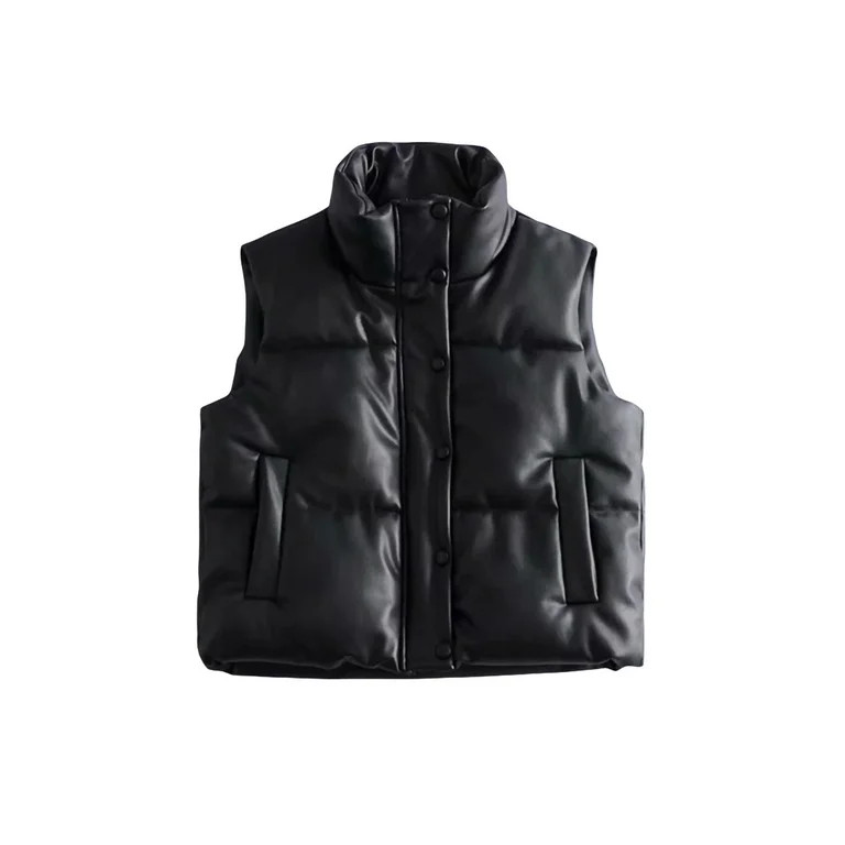 AmShibel Women's Quilted Faux Leather Puffer Vest Collared Sleeveless Padded Jacket - Walmart.com | Walmart (US)