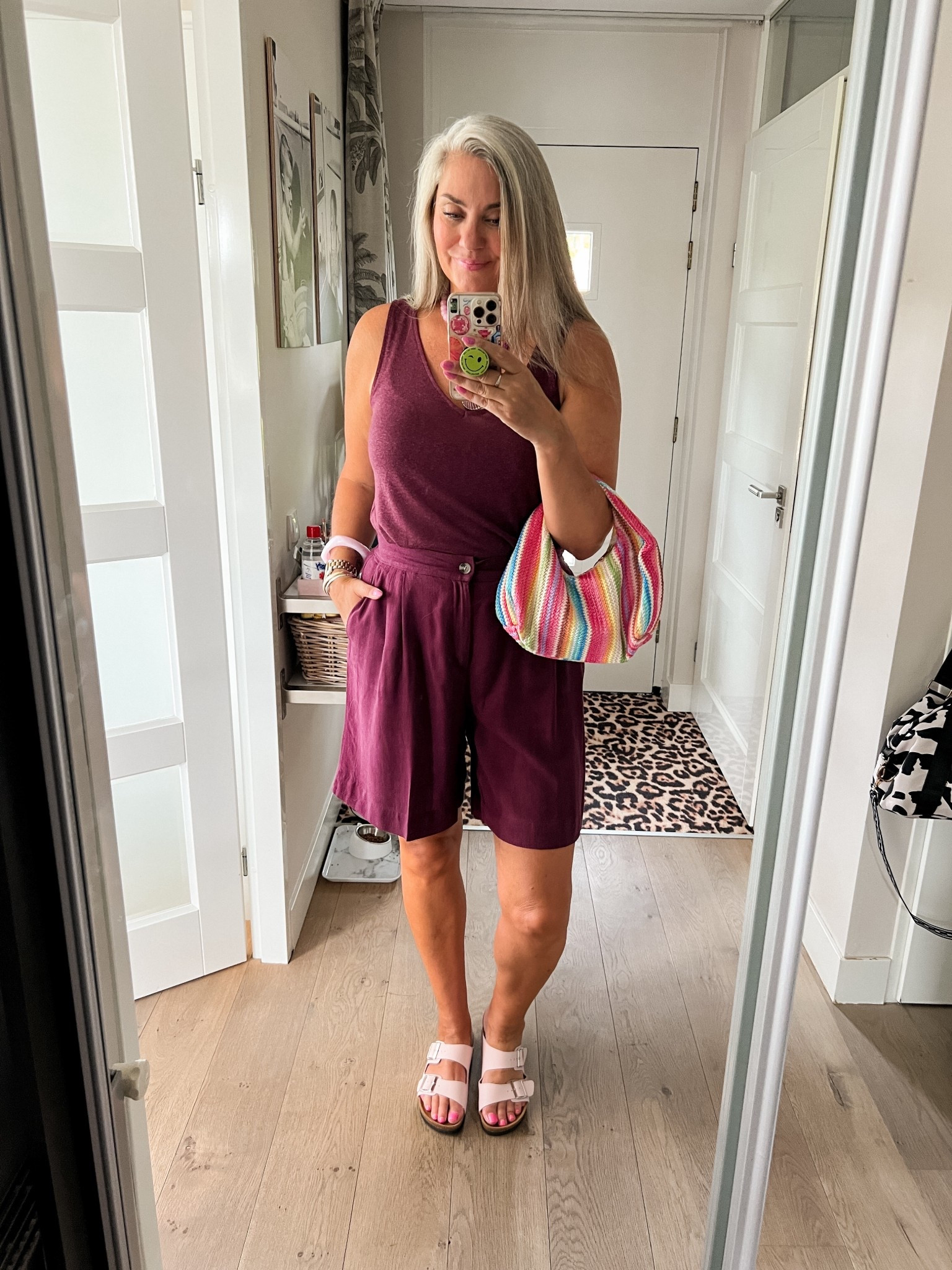 Ootd - Saturday. An unexpected warm day so I chose this burgundy linnen outfit. A v-neck top and Bermuda shorts (L, both HEMA), pink Birkenstock look a like sandals, silver teardrop earrings and a fun colorful striped bag. 

#LTKeurope #LTKnederlands #LTKsummer