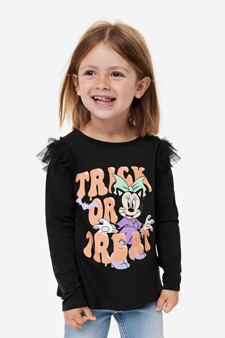 Ruffle-trimmed Printed Top - Black/Minnie Mouse - Kids | H&M US | H&M (US + CA)
