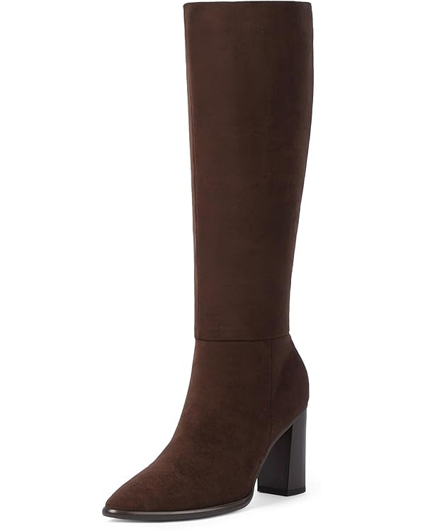 Knee High Boots Women Pointed Toe Chunky Heel Fall Tall Boots Side Zipper Faux Leather Long Boots... | Amazon (US)