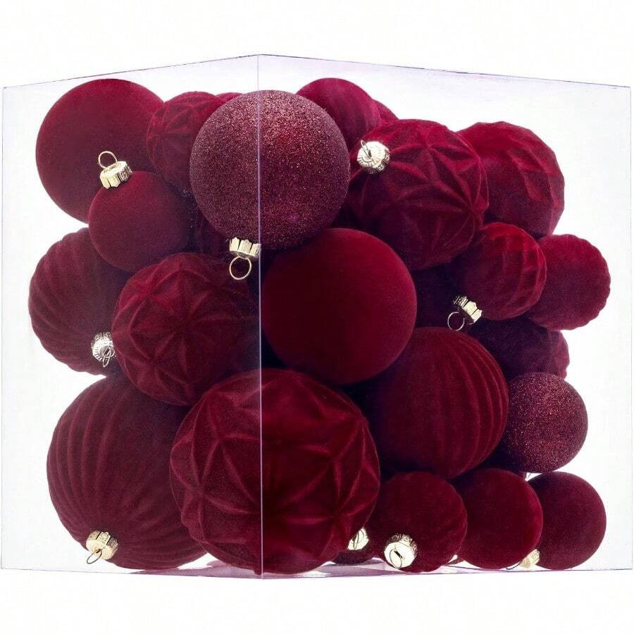 Velvet Christmas Ball Ornaments Burgundy Xmas Tree Decorations 36pcs Shatterproof Christmas Ornam... | SHEIN