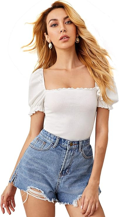 DIDK Women's Puff Sleeve Solid Top Pullover Square Neck Rib Knit Blouse | Amazon (US)